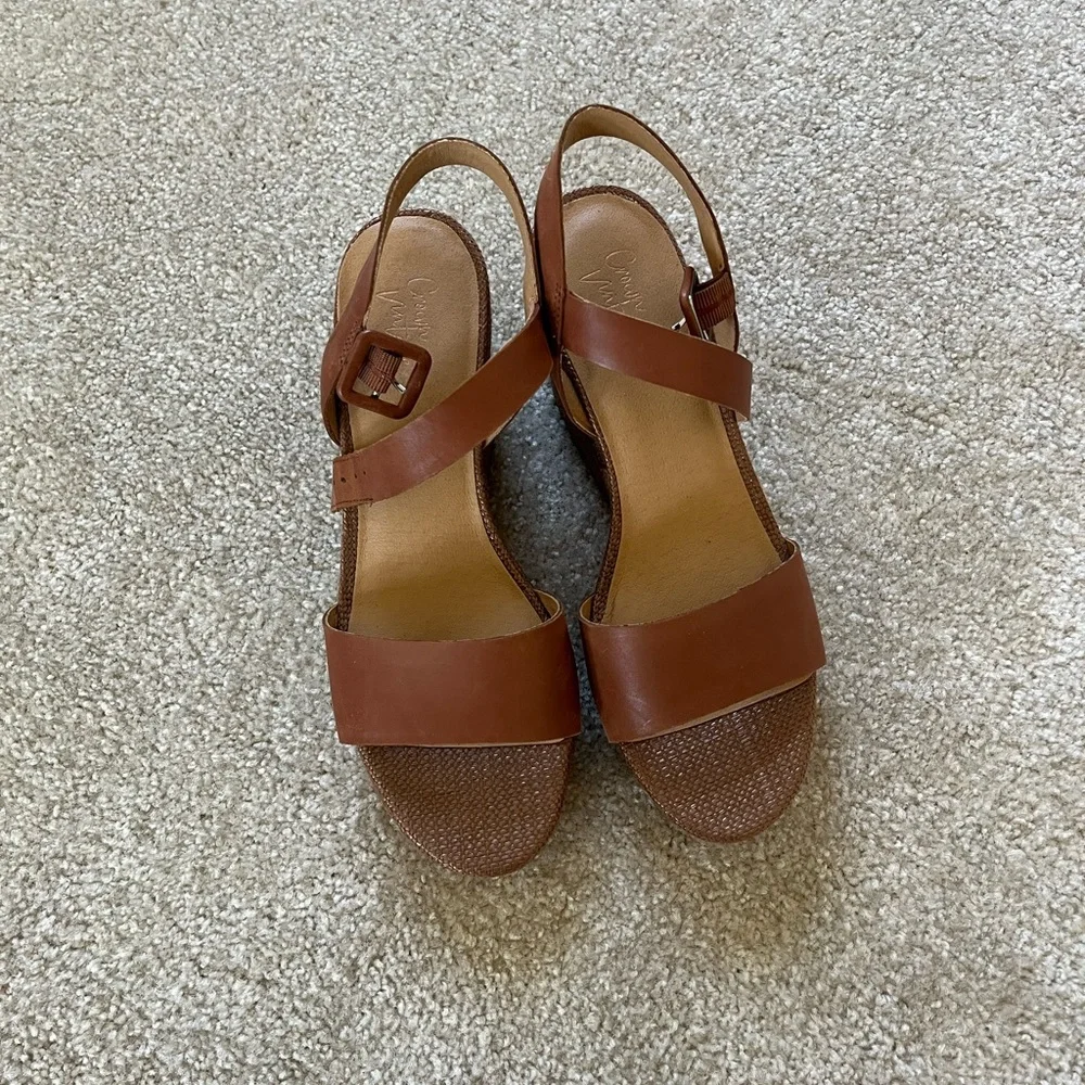 Crown Vintage Women's Brown Leather Wedge Heel Sandals Size 8.5 - Picture 4 of 8